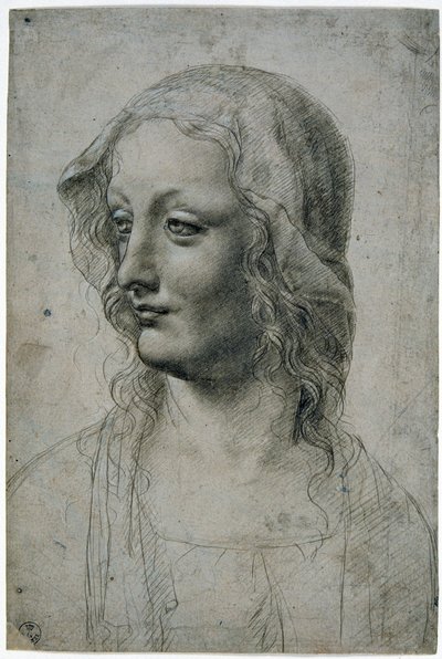 Maestro della Pala Sforzesca (allievo milanese di Leonardo da Vinci), testa femminile con velo forse uno studio per la Vergine, GDSU 426 E da Leonardo da Vinci