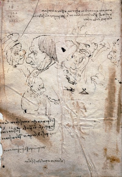 Caricature maschili e lista della biblioteca, Codex Trivulzianus da Leonardo da Vinci
