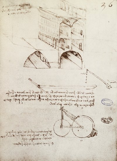 Manoscritto B, f 36 r Studi architettonici, sviluppo e sezioni di edifici in città con strade sopraelevate (penna e inchiostro su carta) da Leonardo da Vinci