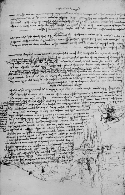 Pagina di testo con schizzi di paesaggio da Leonardo da Vinci