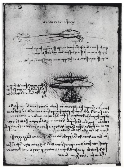Manoscritto di Parigi B, fol. 83v: Pagina di testo e schizzi per una macchina volante, 1488-90 da Leonardo da Vinci