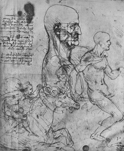 Profilo di un uomo quadrato per proporzione e studi di cavalieri, c1480, 1945 da Leonardo da Vinci