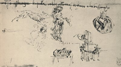 Foglio di studi con una giovane donna, un lupo, ecc., c1480 1945 da Leonardo da Vinci