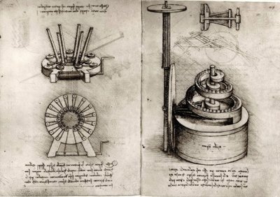 Studi sulla meccanica; a destra molla di un orologio da Leonardo da Vinci