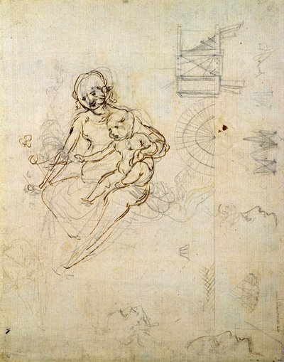 Studi per una Vergine e Bambino e di teste di profilo e macchine, c.1478-80 da Leonardo da Vinci