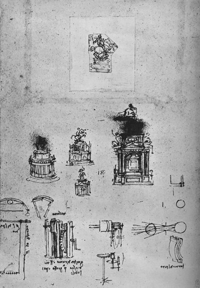Studi per un monumento equestre e studi di macchinari, c1480 1945 da Leonardo da Vinci