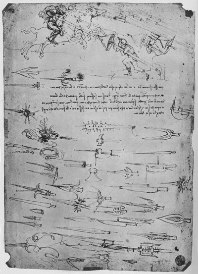 Studi di fanti che attaccano cavalieri con lance e scudi da Leonardo da Vinci