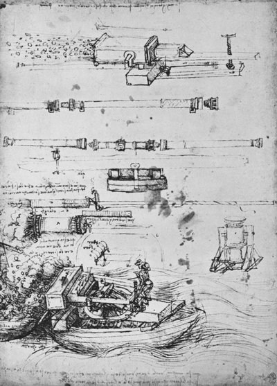 Studi di mortai, uno che spara da una barca, e di cannone, c. 1480 1945 da Leonardo da Vinci