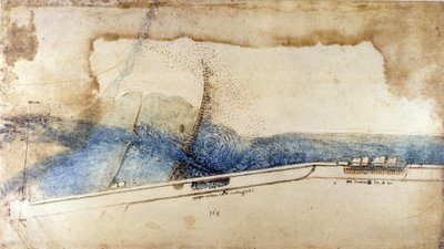 Studio per lo sfruttamento della forza idraulica nelle macchine idrauliche (noria) di Leonardo da Vinci. Disegno a penna e inchiostro da Leonardo da Vinci