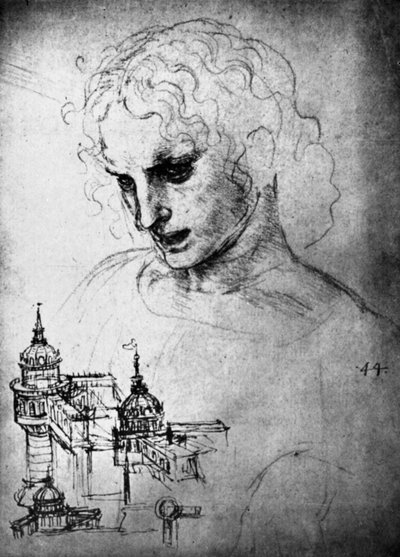 Studio per la testa di San Giacomo e un disegno architettonico, XV secolo 1930 da Leonardo da Vinci