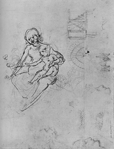 Studio di una Madonna con Bambino, di profili e di macchinari, 1478-1480, 1945 da Leonardo da Vinci