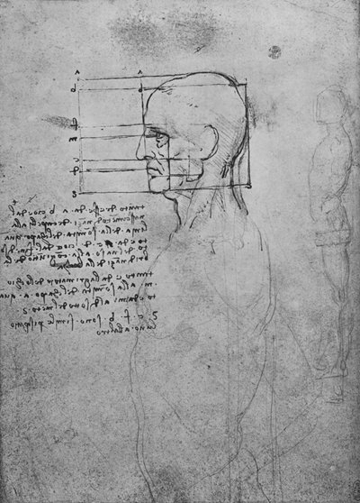 Studio del torso nudo di un uomo, la testa squadrata per proporzione, c1480 1945 da Leonardo da Vinci