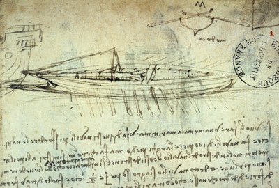 Studio di barca equipaggiata con una serie di remi di Leonardo da Vinci (1452 - 1519). Disegno a penna e inchiostro. Manoscritto. Biblioteca dell