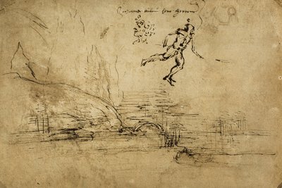 Retro di un disegno di paesaggio con figura di soldato da Leonardo da Vinci