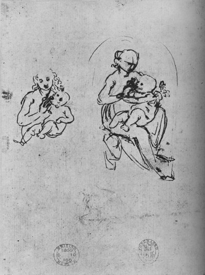Tre studi di una Madonna con Bambino, c1475 1945 da Leonardo da Vinci