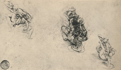 Tre studi di un uomo che pugnala un nemico caduto da Leonardo da Vinci