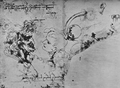 Due profili e studi di macchinari, c1480 1945 da Leonardo da Vinci