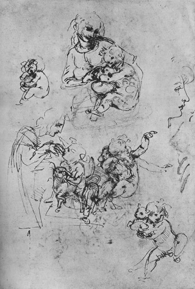 Due studi della Madonna col Bambino con un gatto e tre studi del Bambino, 1475-1481 1945 da Leonardo da Vinci