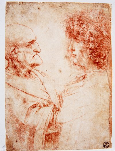 Due profili di uomini, un vecchio e un giovane. Il giovane rappresenta Gian Giacomo Caprotti, noto come Andrea Salai o Salaij (circa 1480-1524), allievo e amante di Leonardo. Disegno a la sanguigna di Leonardo da Vinci (Leonardo de Vinci) (1452-1519) Firen da Leonardo da Vinci