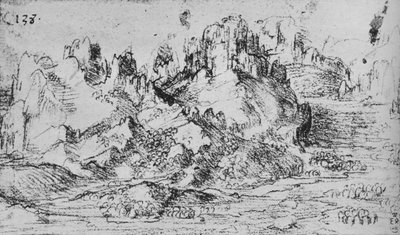 Vista su una valle con montagne oltre da Leonardo da Vinci