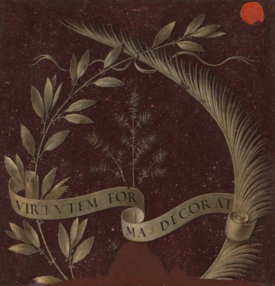 Corona di alloro, palma e ginepro con una pergamena iscritta Virtutem Forma Decorat [retro], c. 147 da Leonardo da Vinci