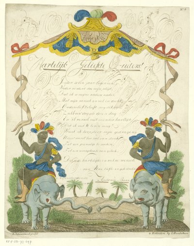 Lettera di auguri con uomini neri su elefanti da Leonardus Schweickhardt