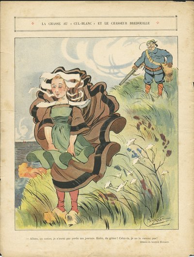 Illustrazione di Leonce Burret (1865-1915) in Le Rire, 03/09/10 - La caccia al cul-bianco e il cacciatore manichino - Campagna, Tempo libero, Natura Vegetazione, Caccia cacciatore, Marina Marittima Balneare - Contadini, Agricoltori da Leonce Burret