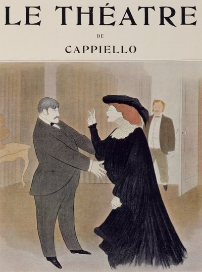 Attori Lucien Quitry e Jane Harding in una scena da La Chatelaine, rappresentata al Théâtre de la Renaissance a Parigi, disegno di Leonetto Cappiello, prima pagina del giornale Théâtre, aprile 1903 da Leonetto Cappiello