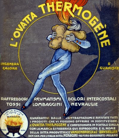 Pubblicità per cotone termogenico curativo per raffreddori, dolori interni, reumatismi, tosse, nevralgie e lombaggini (disegno di L. Cappiello, Italia, XX secolo) da Leonetto Cappiello