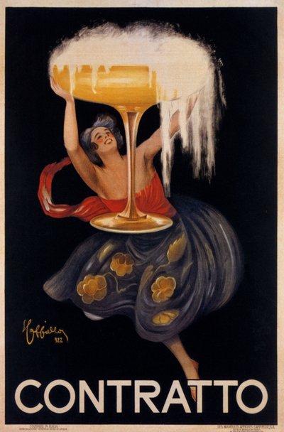 Manifesto pubblicitario per lo spumante Contratto: una piccola fata, un elfo che solleva una grande coppa. Illustrazione di Leonetto Cappiello (1875-1942) 1922 da Leonetto Cappiello