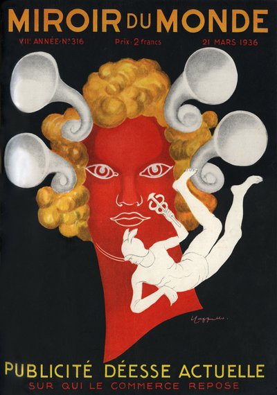 Allegoria della Pubblicità "Dea Corrente su cui si basa il commercio", con Mercurio, dio dei viaggiatori e del commercio. Copertina della rivista Mirror du monde n°316, 21 marzo da Leonetto Cappiello