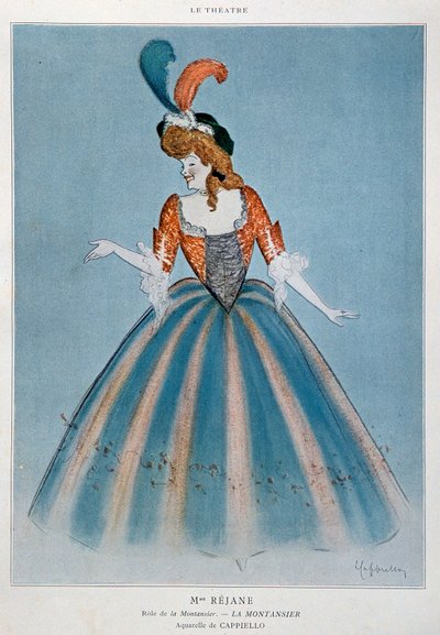 Comica Gabrielle Charlotte Reyu detta Rejane (1856-1920) nel ruolo della Montansier. Acquerello di Leonetto Cappiello (1875-1942) da Leonetto Cappiello