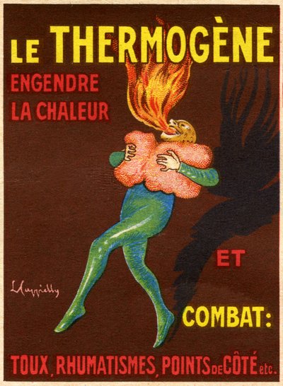 Etichetta di una scatola di ovatta revulsiva e risolutiva Le Thermogene, compressa destinata ad alleviare tosse, raffreddore, dolore e reumatismi - formula: cotone idrofilo, nuova coccina, arancio giallo S, estratto di capsico. Prodotto farmaceutico fabbri da Leonetto Cappiello