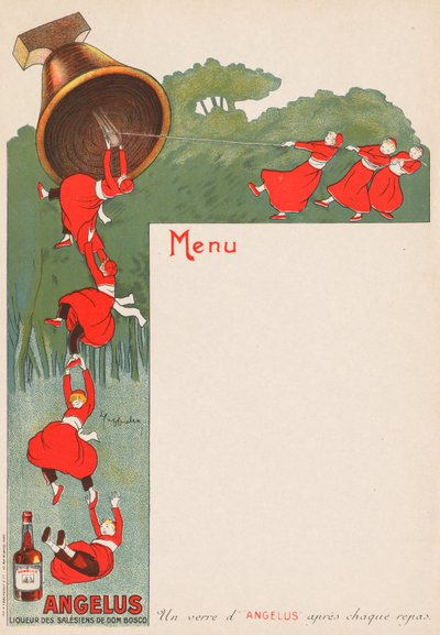 Pagina del menu (Angelus: Liquore dei Salesiani di Don Bosco) da Leonetto Cappiello