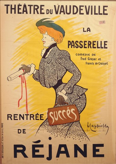 Poster per la commedia "La passerelle" di Francis de Croisset e Fred De Gresac al Theatre du Vaudeville con Rejane da Leonetto Cappiello