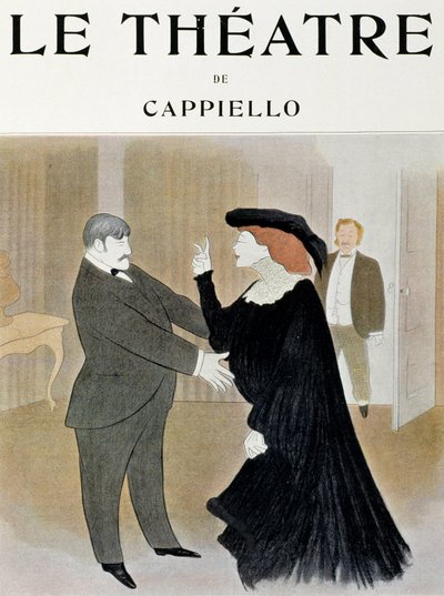 Gli attori Lucien Guitry e Jane Harding in una scena da La Chatelaine, eseguita al Teatro della Renaissance a Parigi da Leonetto Cappiello
