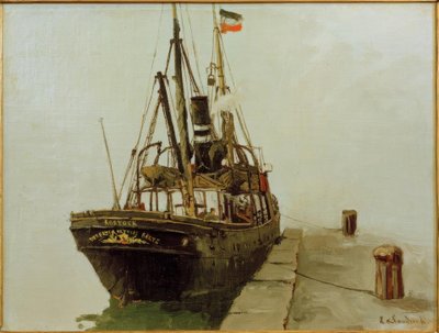 Nave a vapore fischiante con vele ausiliarie Rostock Direttore A da Leonhard Sandrock