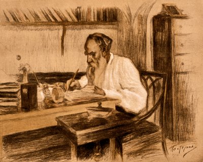 Il conte Lev Tolstoj nel suo studio. 1908 (litografia) da Leonid Osipovic Pasternak