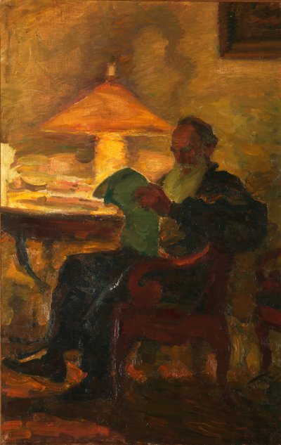 Lev Tolstoj con un giornale, 1901 da Leonid Osipovic Pasternak