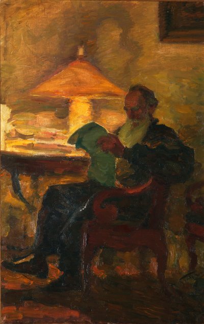 Lev Tolstoj con un giornale da Leonid Osipovich Pasternak