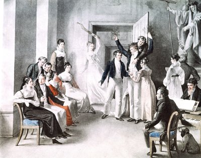 Incontro musicale di Schubertiani. Schubert è seduto sulla sedia a destra da Leopold Kupelwieser