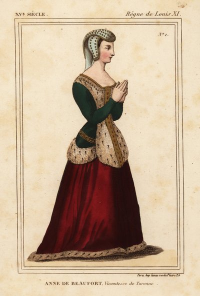 Anne Rogier de Beaufort, Viscontessa di Turenne 1435-1479. Litografia colorata a mano dopo una vetrata nella chiesa dei Cordelieres di Nantes nel portafoglio VI 11 di Roger de Gaignieres dal Costumes Historique de la France di Le Bibliophile Jacob alias Pa da Leopold Massard