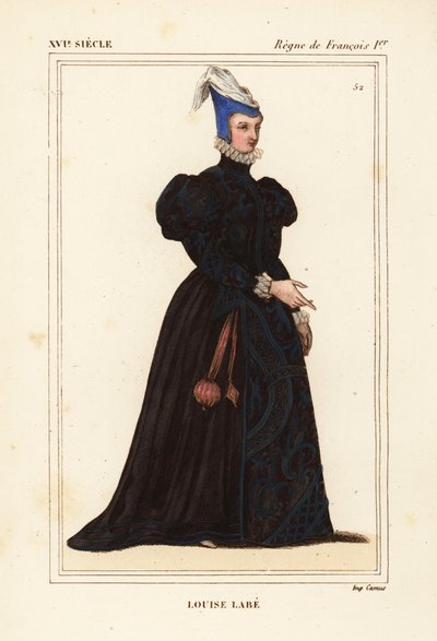 Louise Labe, La Belle Cordiere, poetessa francese 1526-1566. Musicista, cavallerizza, arciera, schermitrice e linguista. Litografia colorata a mano dopo un ritratto nel portfolio VIII 82 di Roger de Gaignieres da Le Bibliophile Jacob alias Paul Lacroix