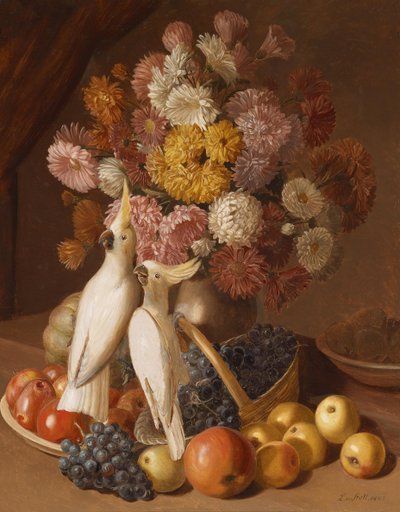 Natura morta con fiori, frutta e parrocchetti da Leopold von Stoll