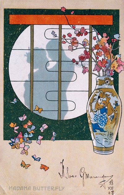 Cartolina creata per la prima di "Madame Butterfly", a Brescia da Leopoldo Metlicovitz