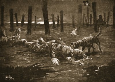 Il sergente Burge che finge di essere morto quando viene scoperto da un cane davanti ai fili spinati del nemico da Leslie Mosley
