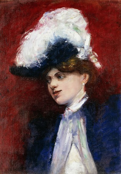 Donna elegante con cappello piumato da Lesser Ury