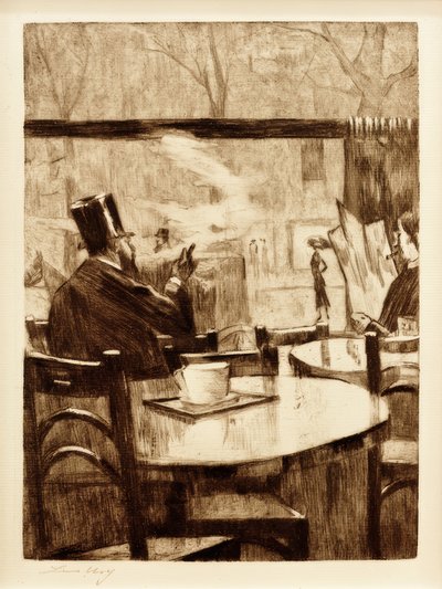 Signore con cilindro davanti a una finestra di caffè - Vista posteriore da Lesser Ury