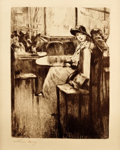 Giovane ragazza al caffè con vista sulla strada da Lesser Ury