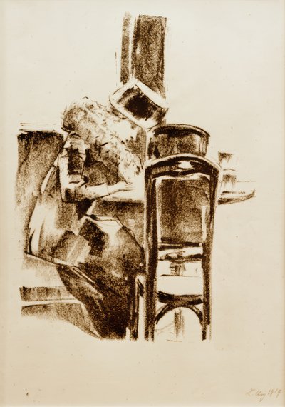 Signora che scrive con cappello e boa al caffè da Lesser Ury